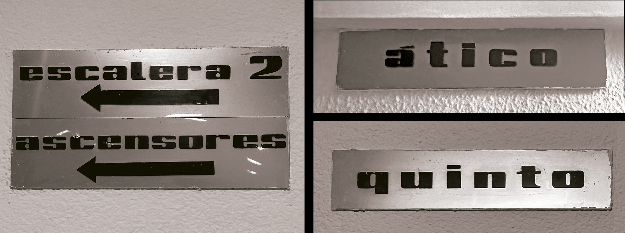 The idea for the custom typeface was heavily inspired by these typically Spanish building wayfinding plaques from the 1980s