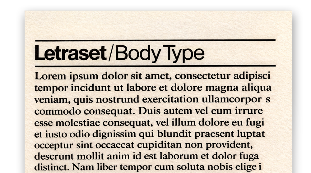 Close up of a Letraset sheet, using Lorem Ipsum to showcase a typeface. <a href='https://commons.wikimedia.org/wiki/File:Letraset_Lorem_Ipsum.jpg' target='_blank'>See source</a>.