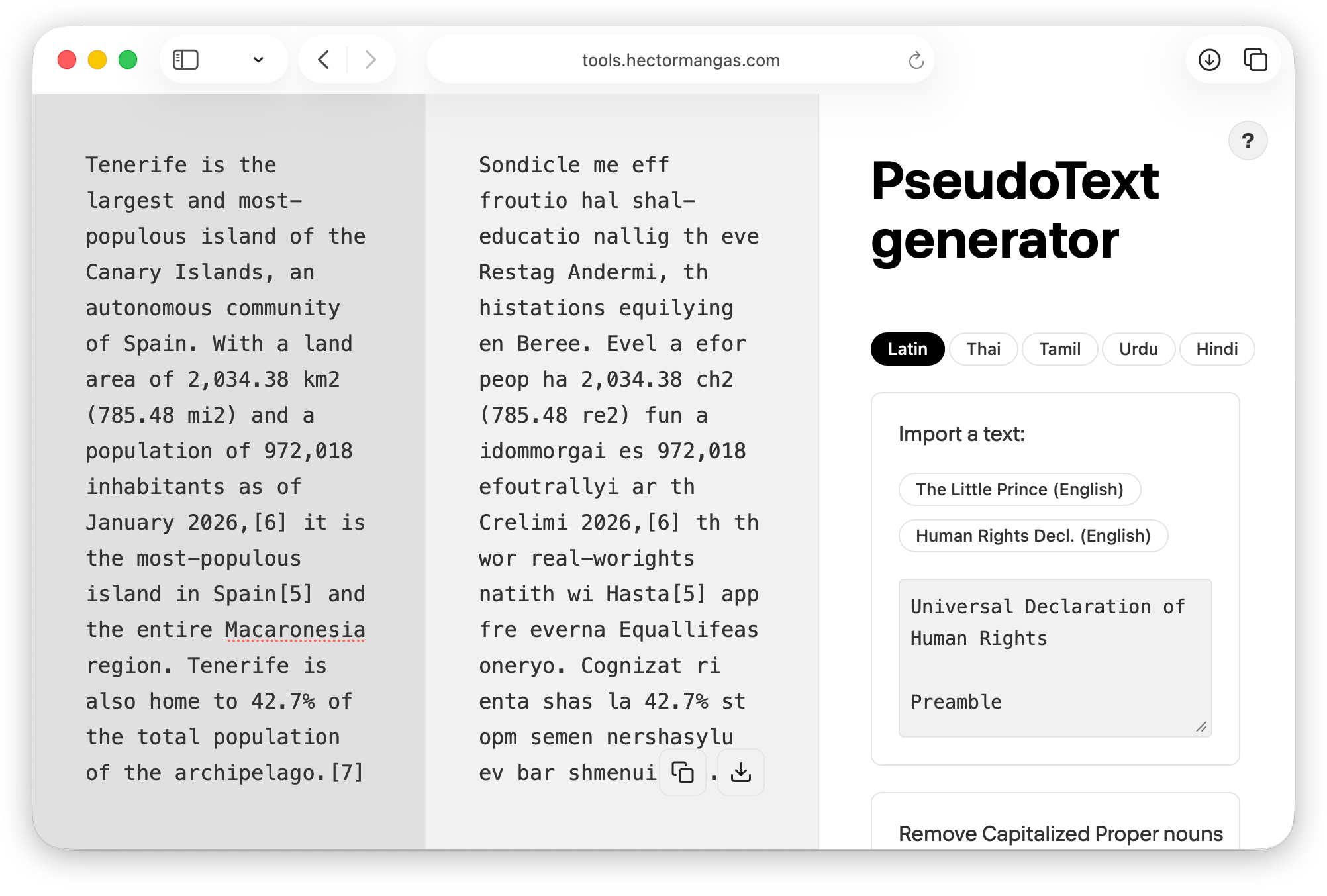 The new tool, PseudoText Generator. It's freely available as <a href='https://tools.hectormangas.com/pseudotext' target='_blank'>a simple-to-use web app</a>, under an open license.
