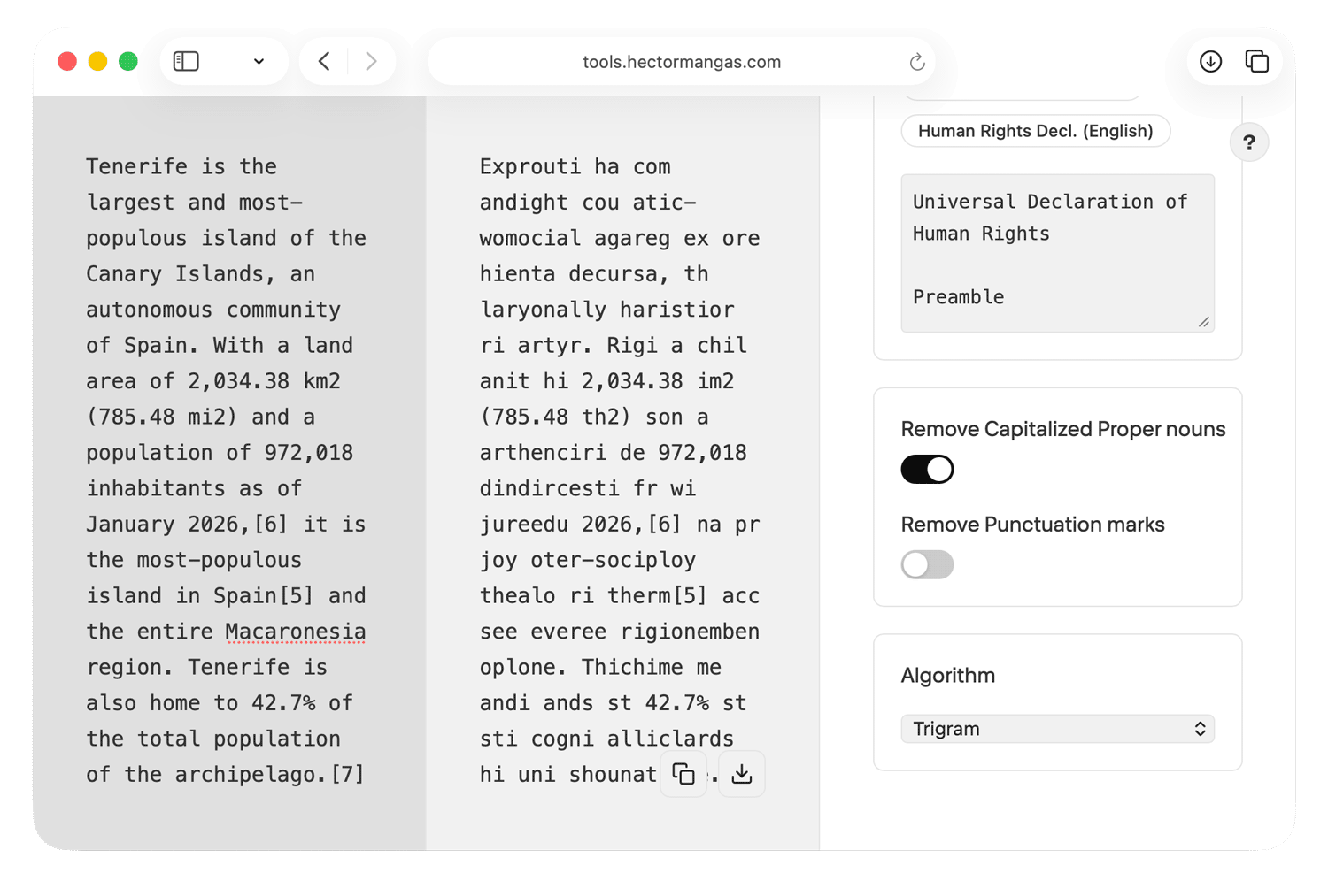 The user can choose to preserve or remove capitalisation of proper nouns in Latin, and keep or hide punctuation across scripts.